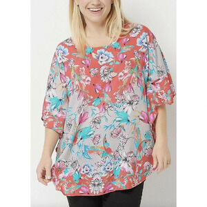 Tolani Pink‎ & Blue Poppy Floral Kimono Poncho Woven Top Size Medium